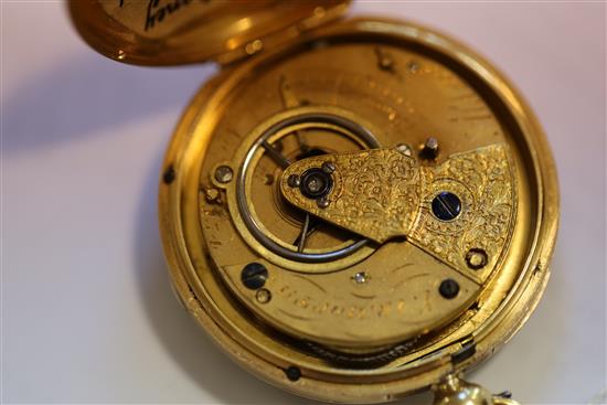 A 19th century 18ct gold open face keywind pocket watch by Aldred, Yarmouth, No. 154, with engraved Roman dial.